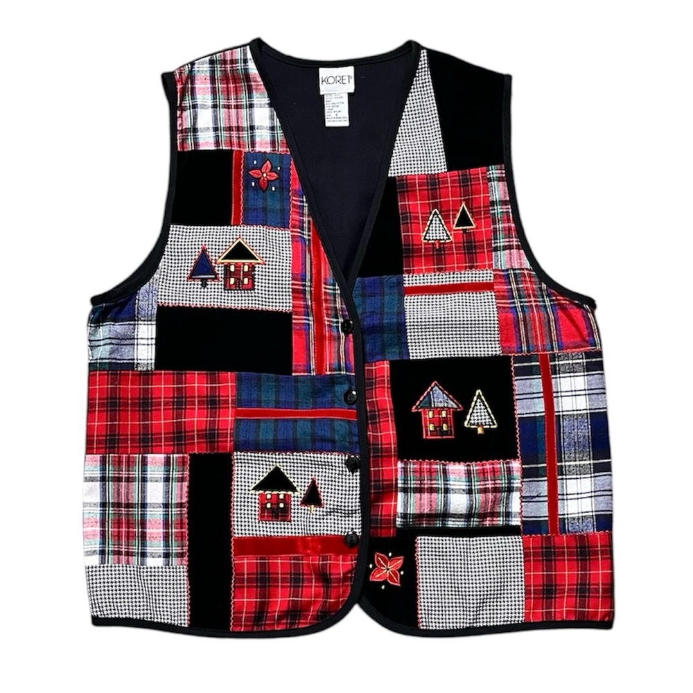 Koret Vintage Plaid Vest Patchwork Velvet Holiday L Large